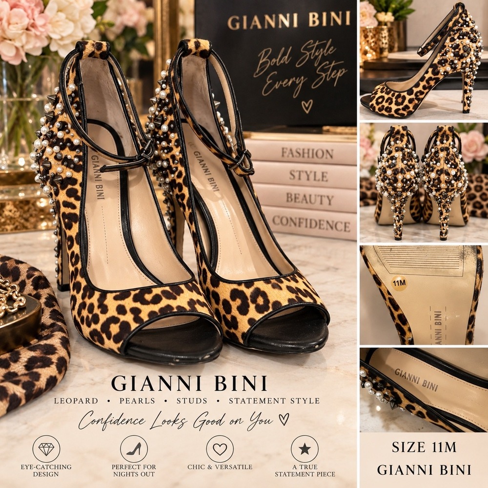 Gianni Bini Leopard Print Calf Hair Pearl Studded Ankle Strap Heels Size 11M